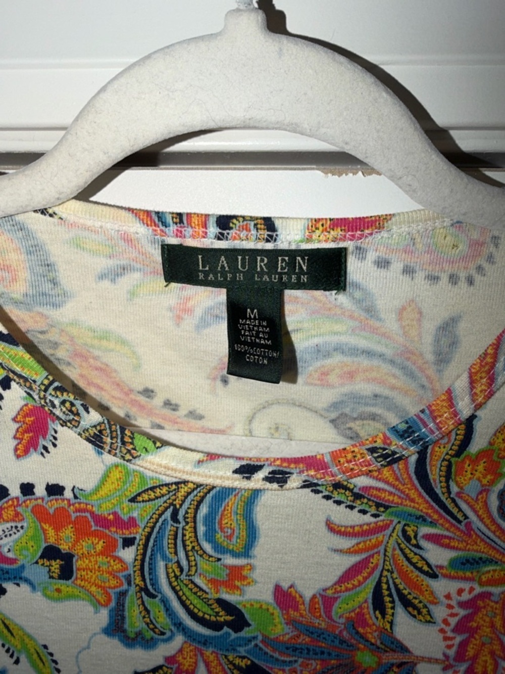 Ralph Lauren 100% Cotton White Short-Sleeve Paisley Tee with Multicolor Print - Picture 3 of 3